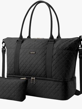 Black Quilted Weekender Tote Bag with Removable Pouch